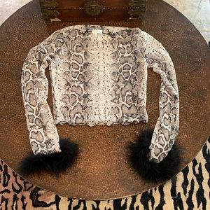 Authentic Bear Dance crop long sleeve snake mesh top w/ feather around wrist NEW